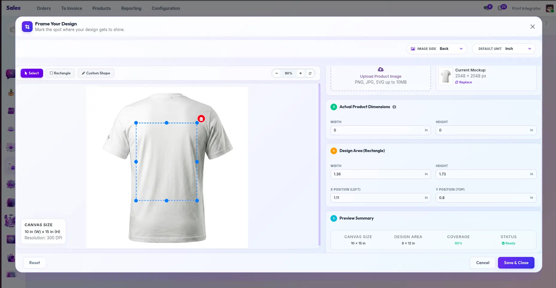 The admin print-area configurator: defining the printable zone, dimensions, and resolution on a product