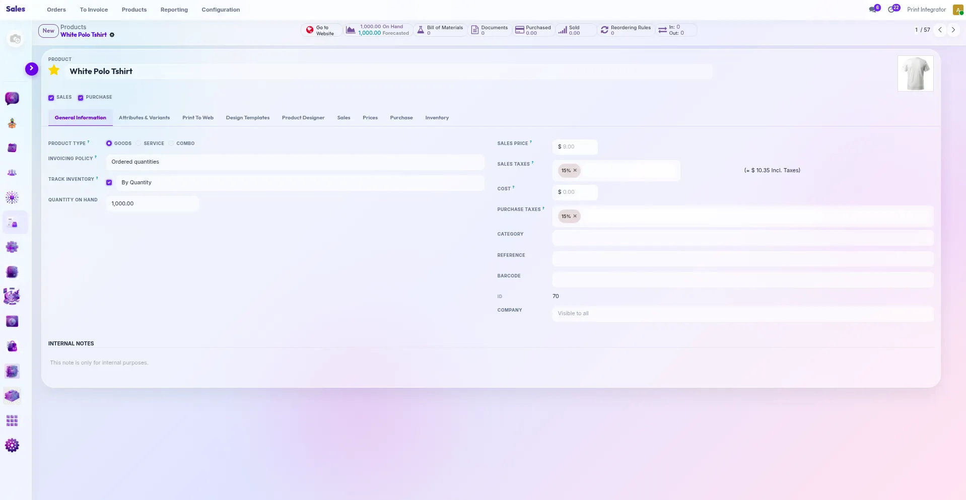 The PrintIntegrator admin running in Odoo: a print product with pricing, variants, inventory, and the web-to-print configuration tabs