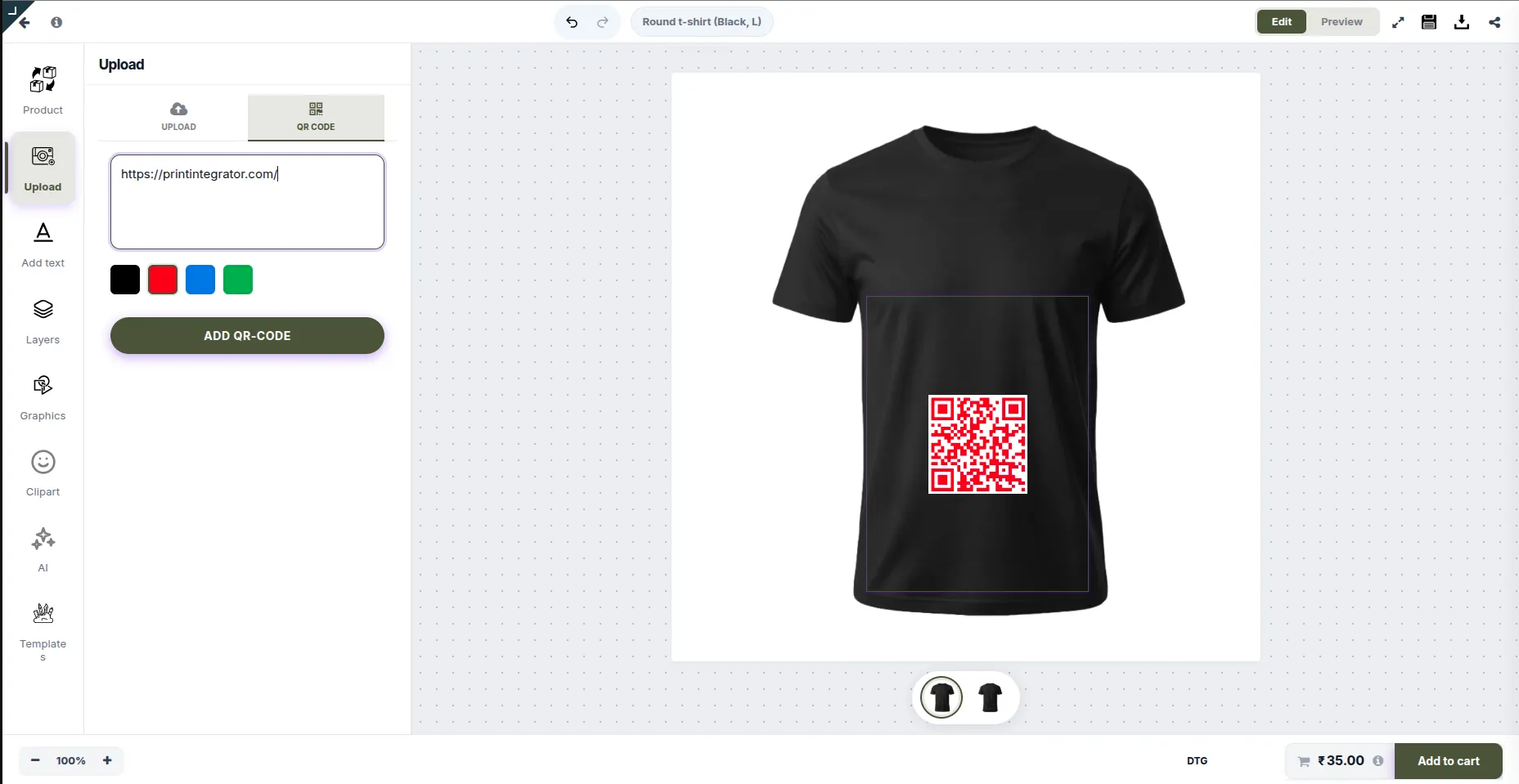 QR code generator — screenshot from the PrintIntegrator designer