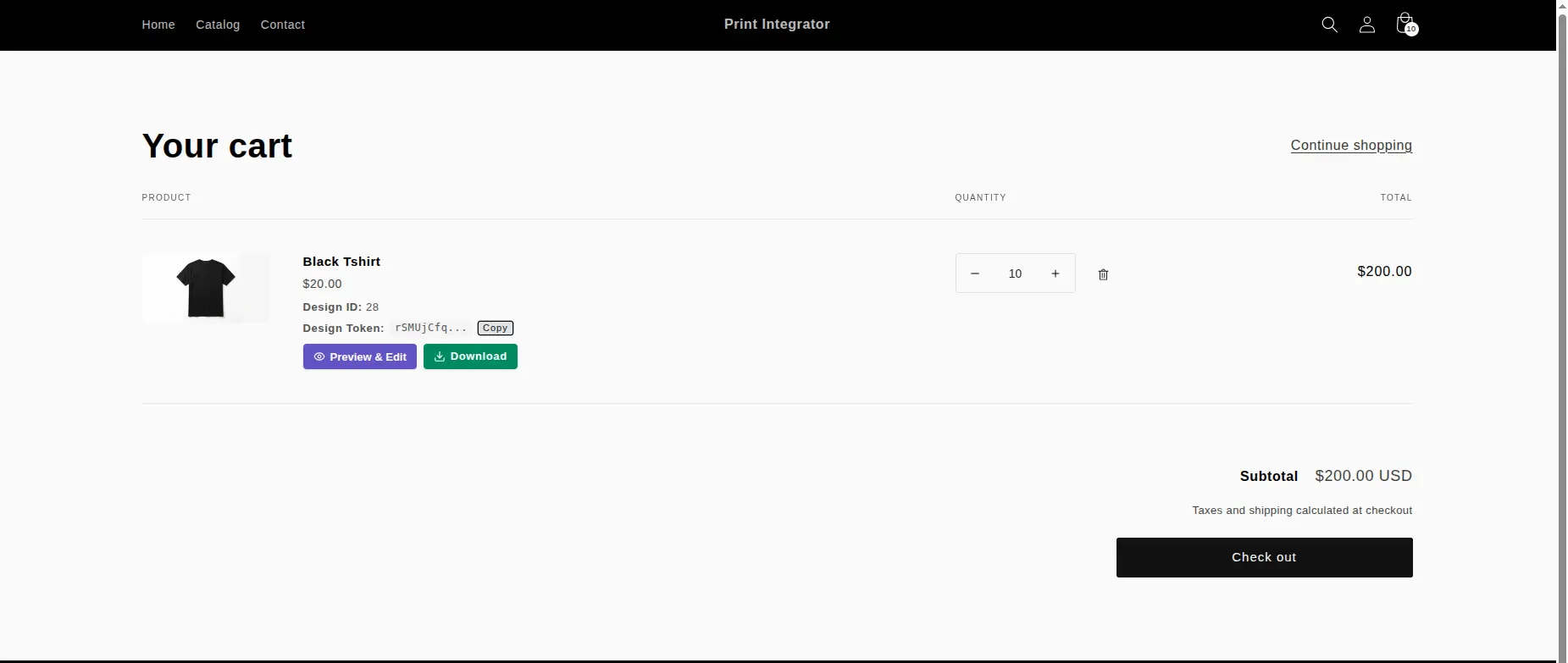 The Shopify cart showing the customized Black T-shirt with a Design ID and Design Token, plus Preview & Edit and Download buttons.