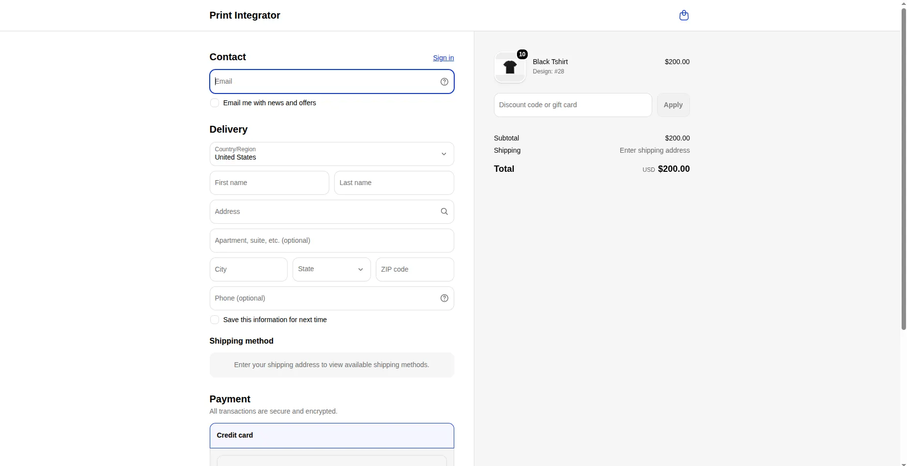 The standard Shopify checkout with the customized Black T-shirt line item labelled "Design: #28".