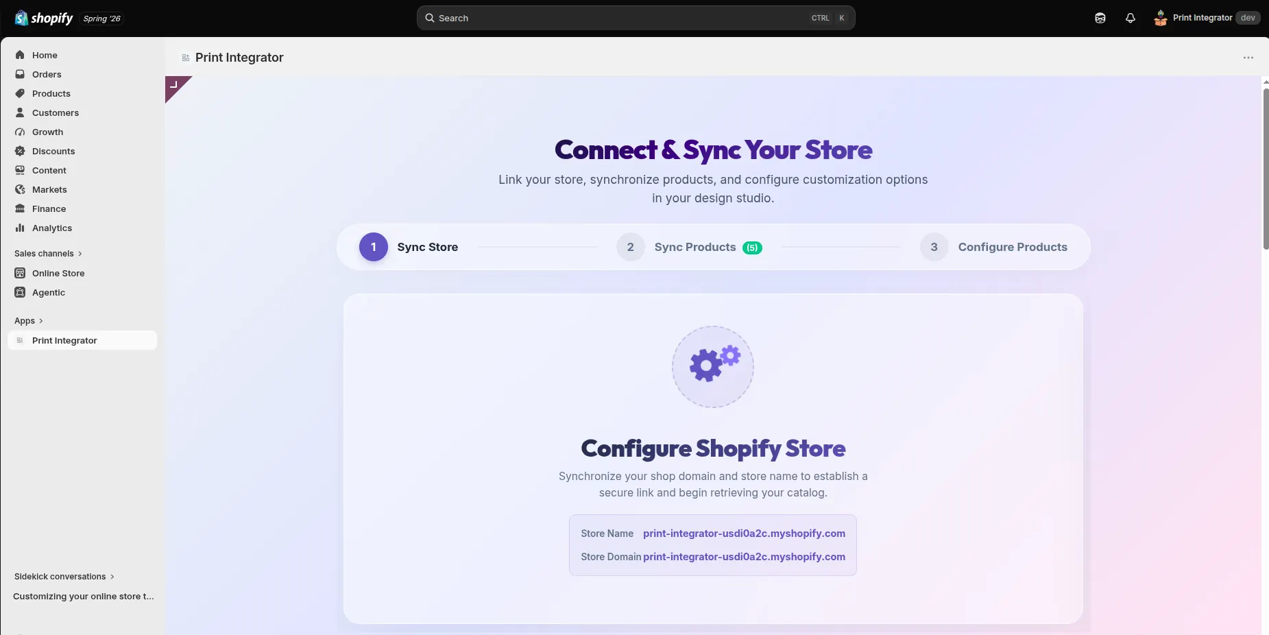 The Connect & Sync Your Store wizard inside the app, showing the Shopify store domain and a secure link.