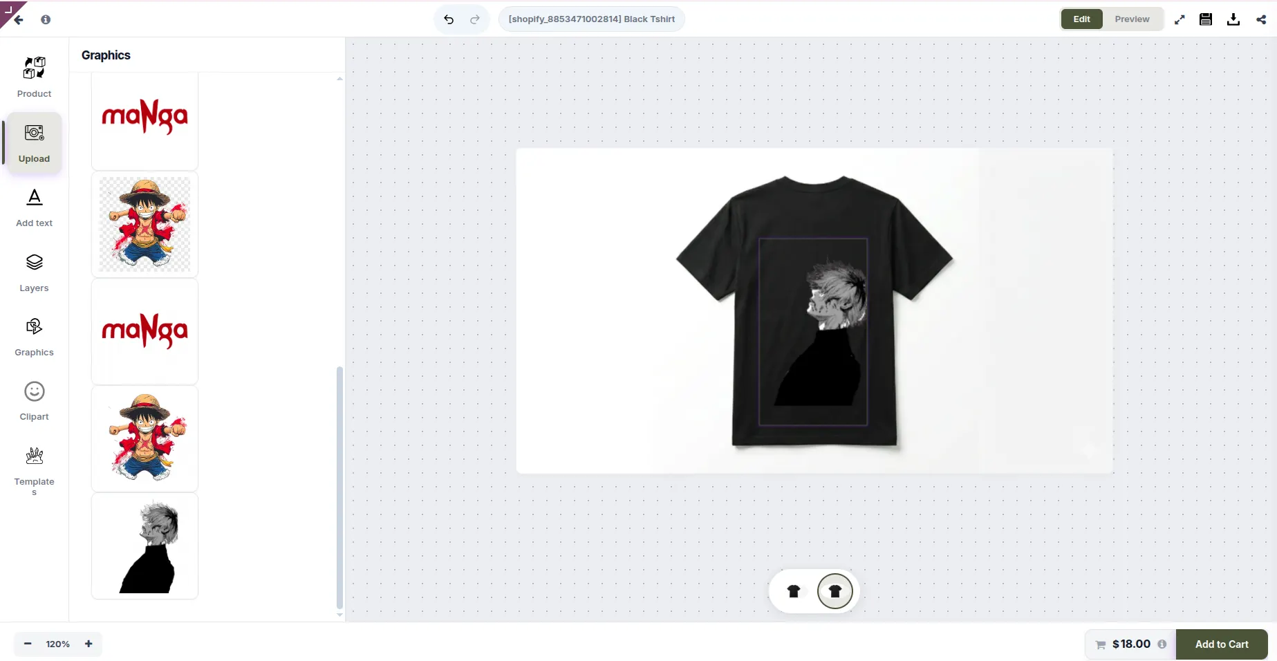 The designer with uploaded artwork placed inside the print area on the back of a t-shirt, with a live preview.