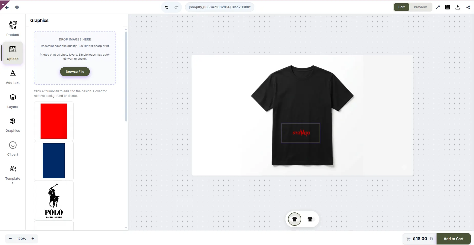 The PrintIntegrator designer open on a live Shopify storefront, customizing a t-shirt with upload, text, and template tools.