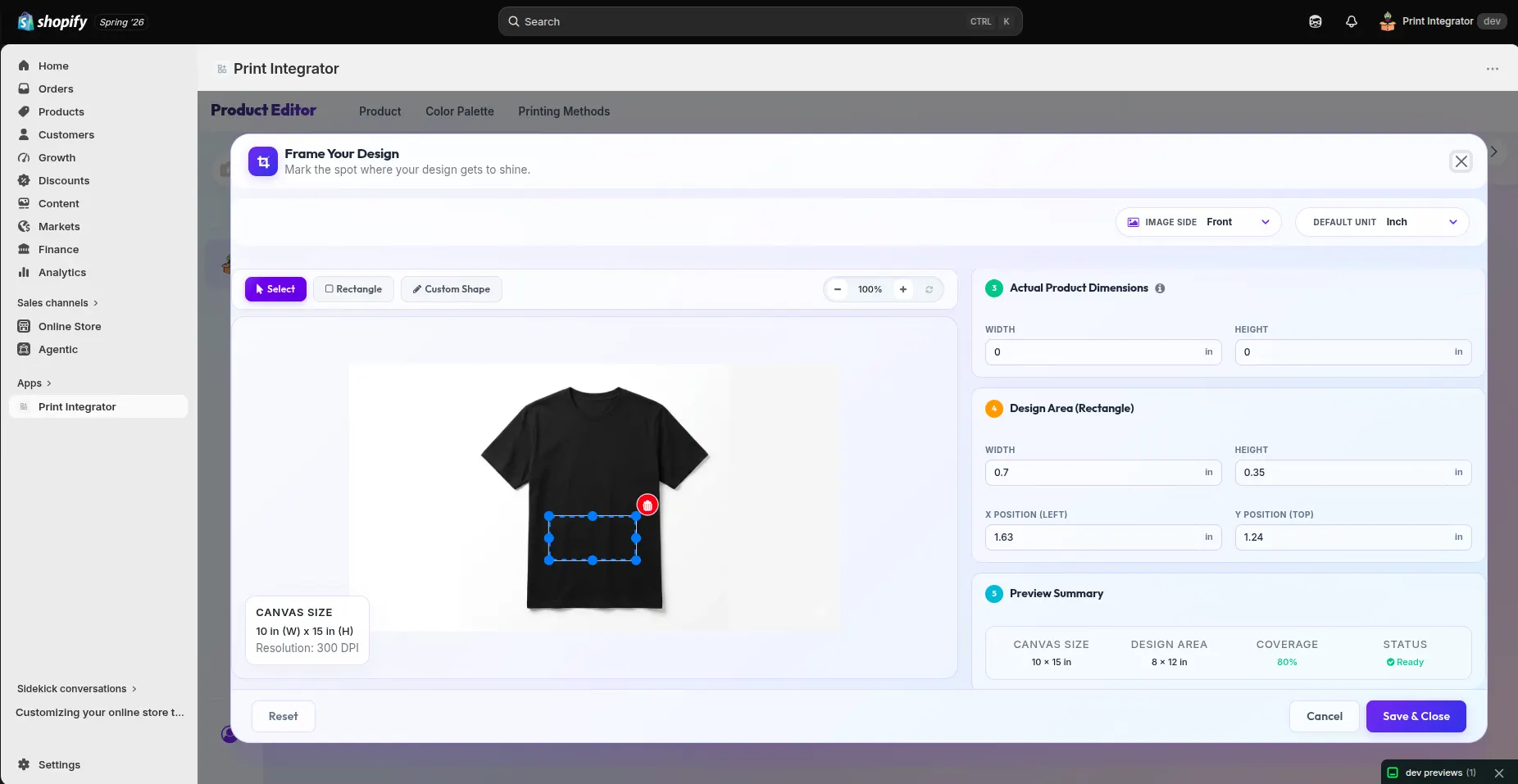The Frame Your Design tool defining a rectangular print area on the front of a t-shirt at 300 DPI, showing coverage and a Ready status.