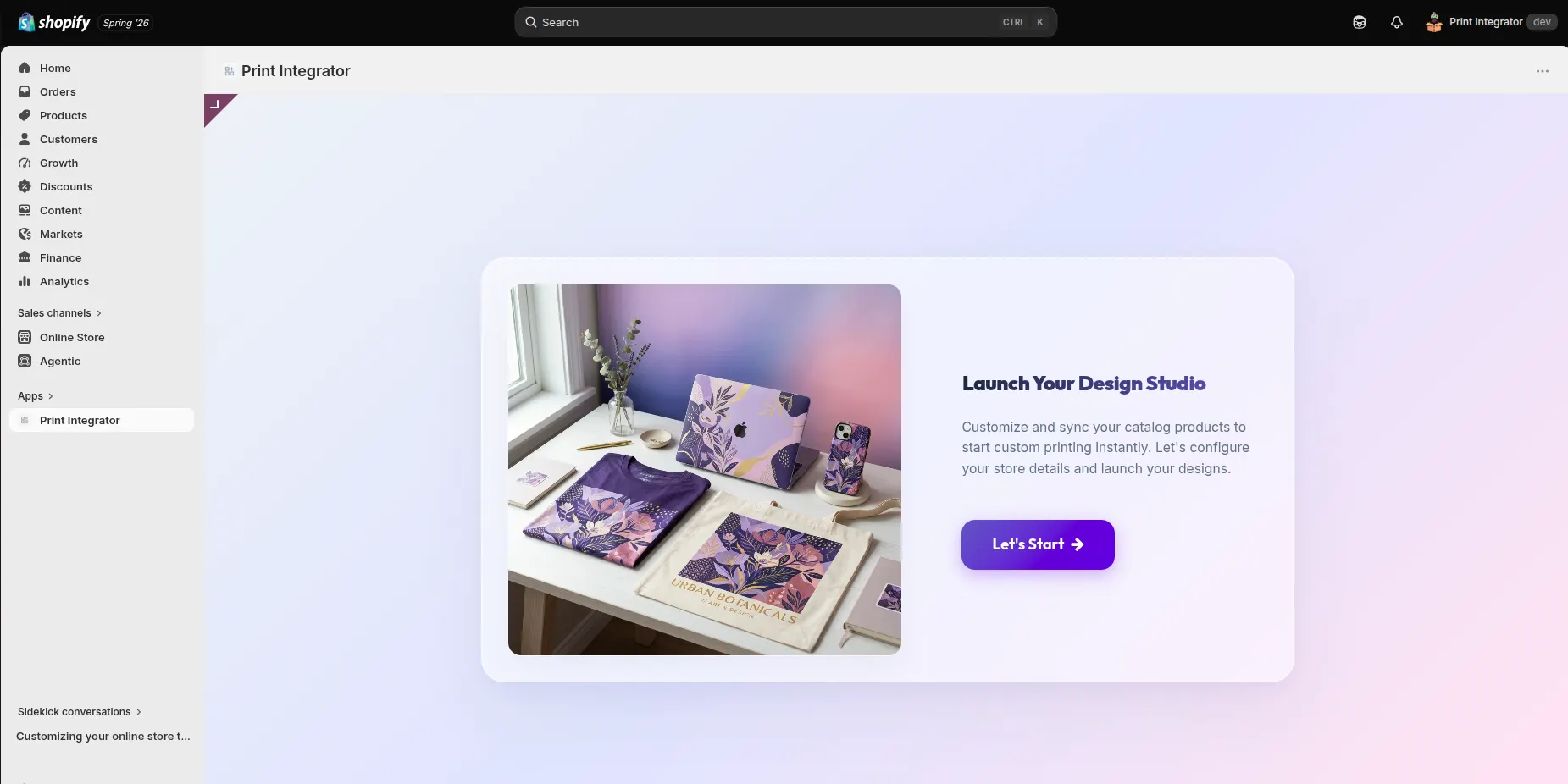 The Print Integrator app open inside the Shopify admin, on the "Launch Your Design Studio" onboarding screen.