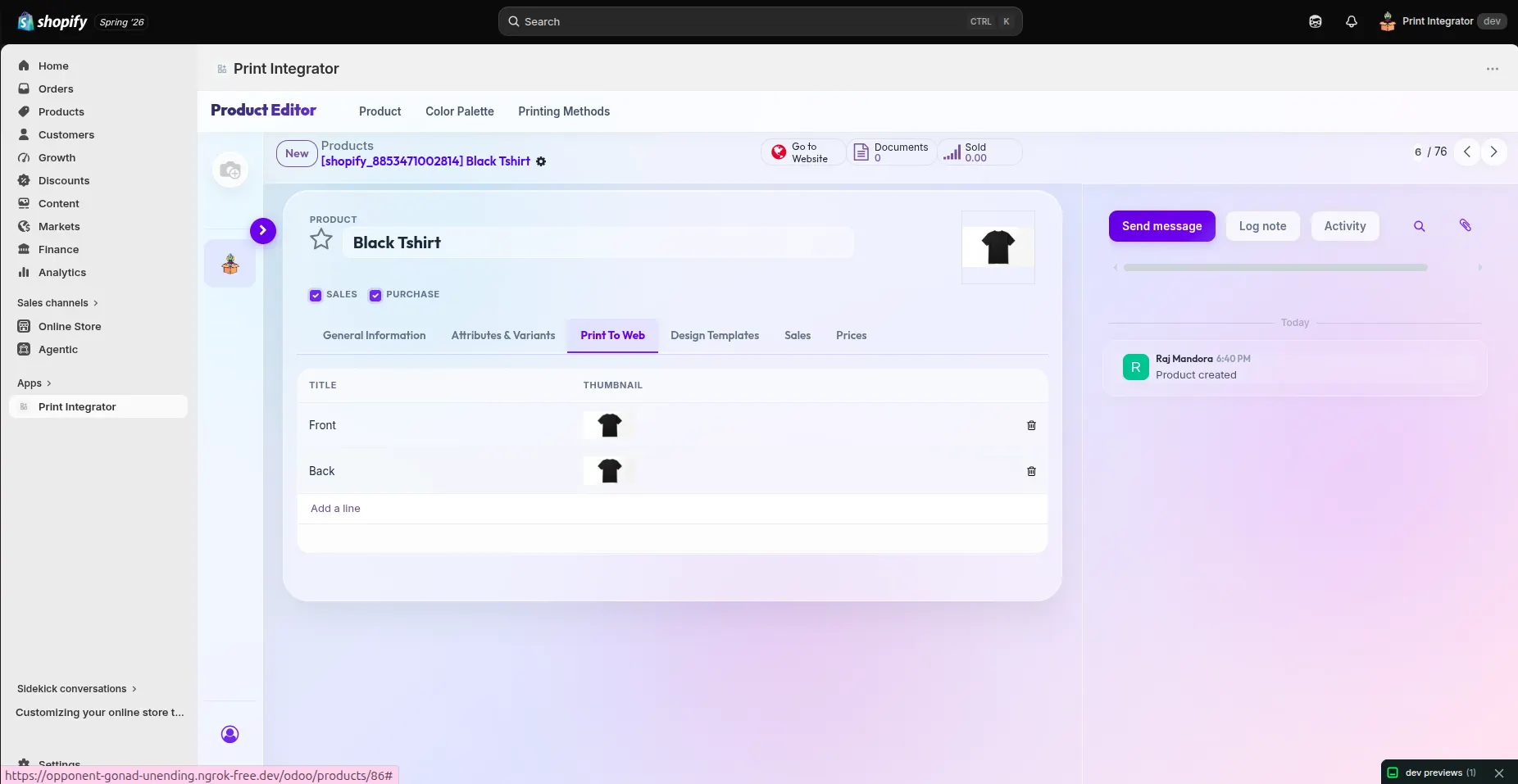 A synced Black T-shirt product with the "Print To Web" tab enabled, showing front and back print sides.