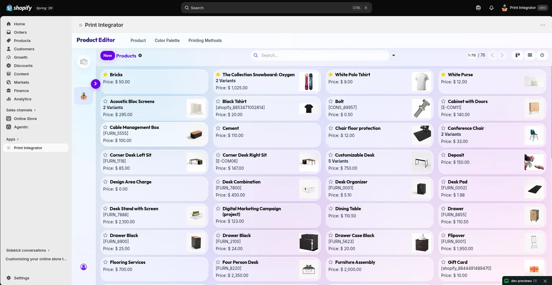 The Product Editor listing dozens of synced Shopify products with prices, ready to configure.