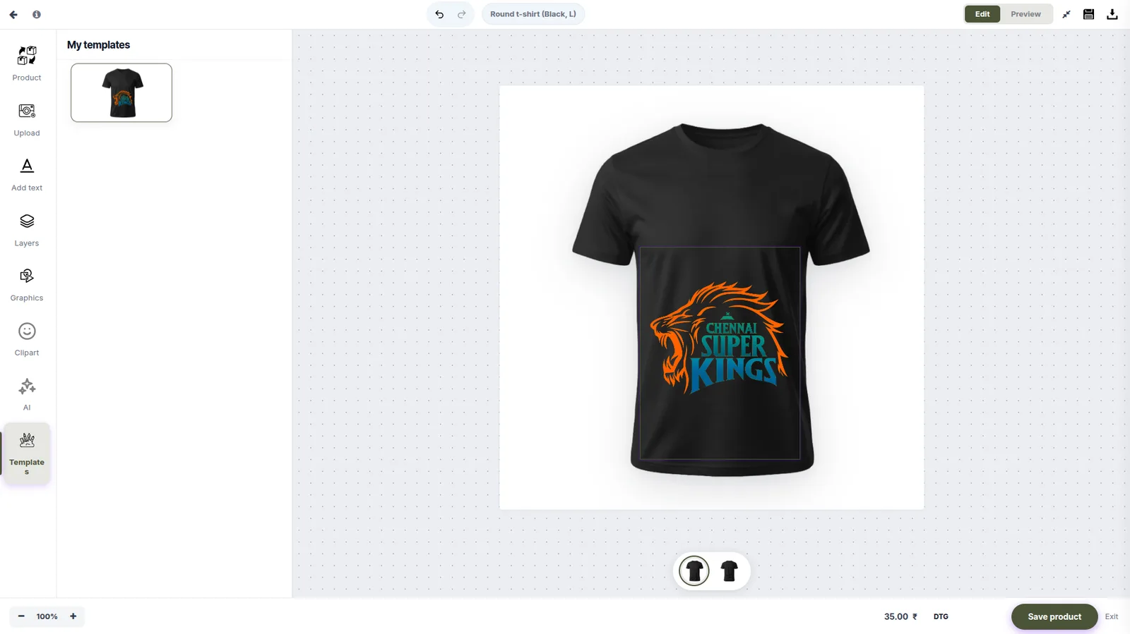 Designer templates panel with a sports template applied to the t-shirt preview
