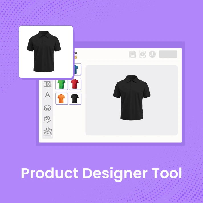 PrintIntegrator product designer showing a black polo shirt with color and design options sidebar