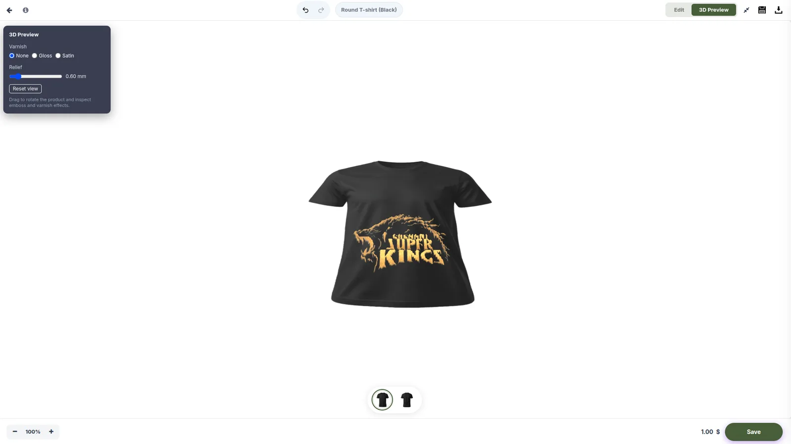 3D Preview view of the finished t-shirt with the Chennai Super Kings design rendered on the front of the garment.