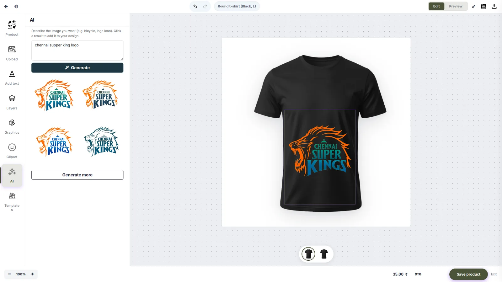 The PrintIntegrator designer running in a browser: AI panel generating logo options from the prompt while the black t-shirt preview updates live