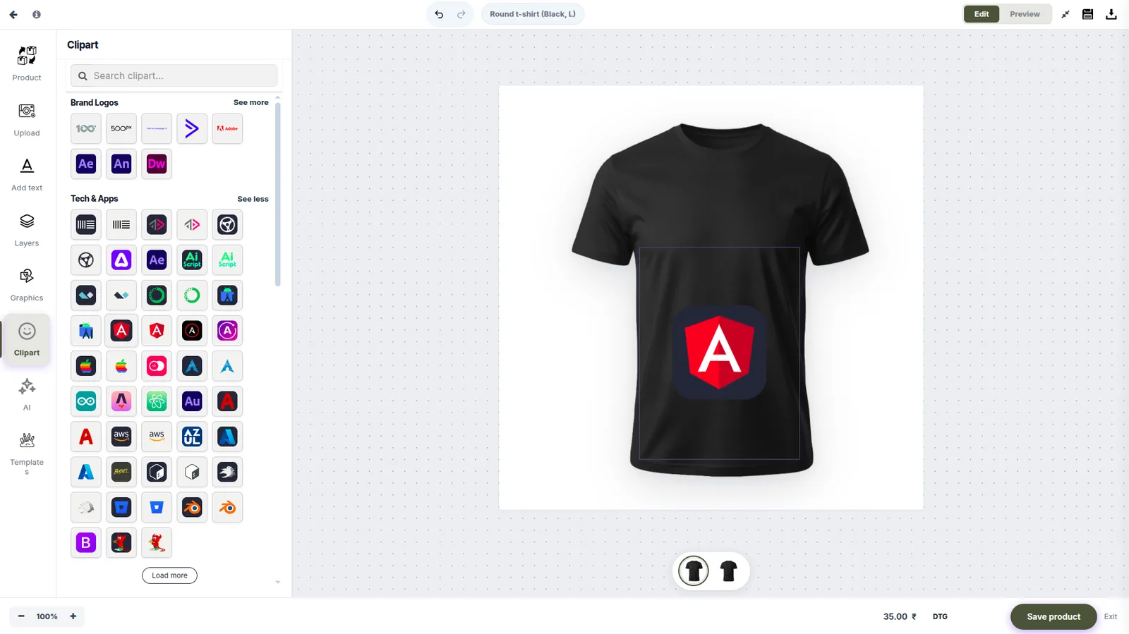 Designer clipart library showing brand logos by category (Tech & Apps) with one logo placed on the t-shirt.
