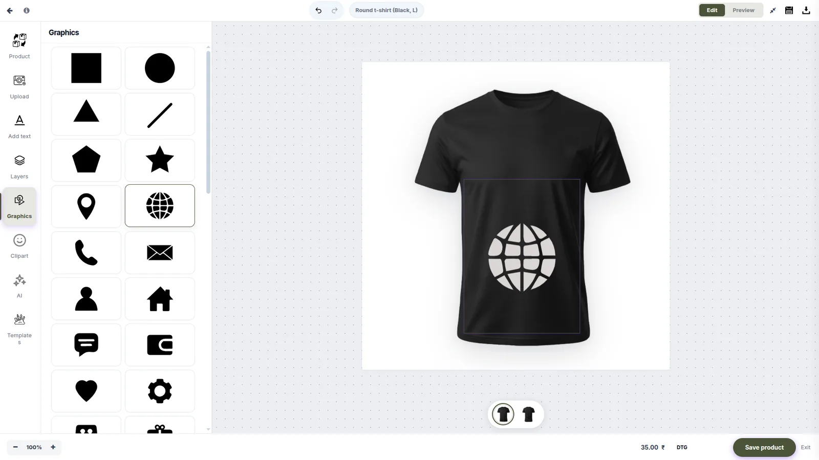 Designer graphics library showing shapes, icons, and a globe icon placed on the t-shirt.