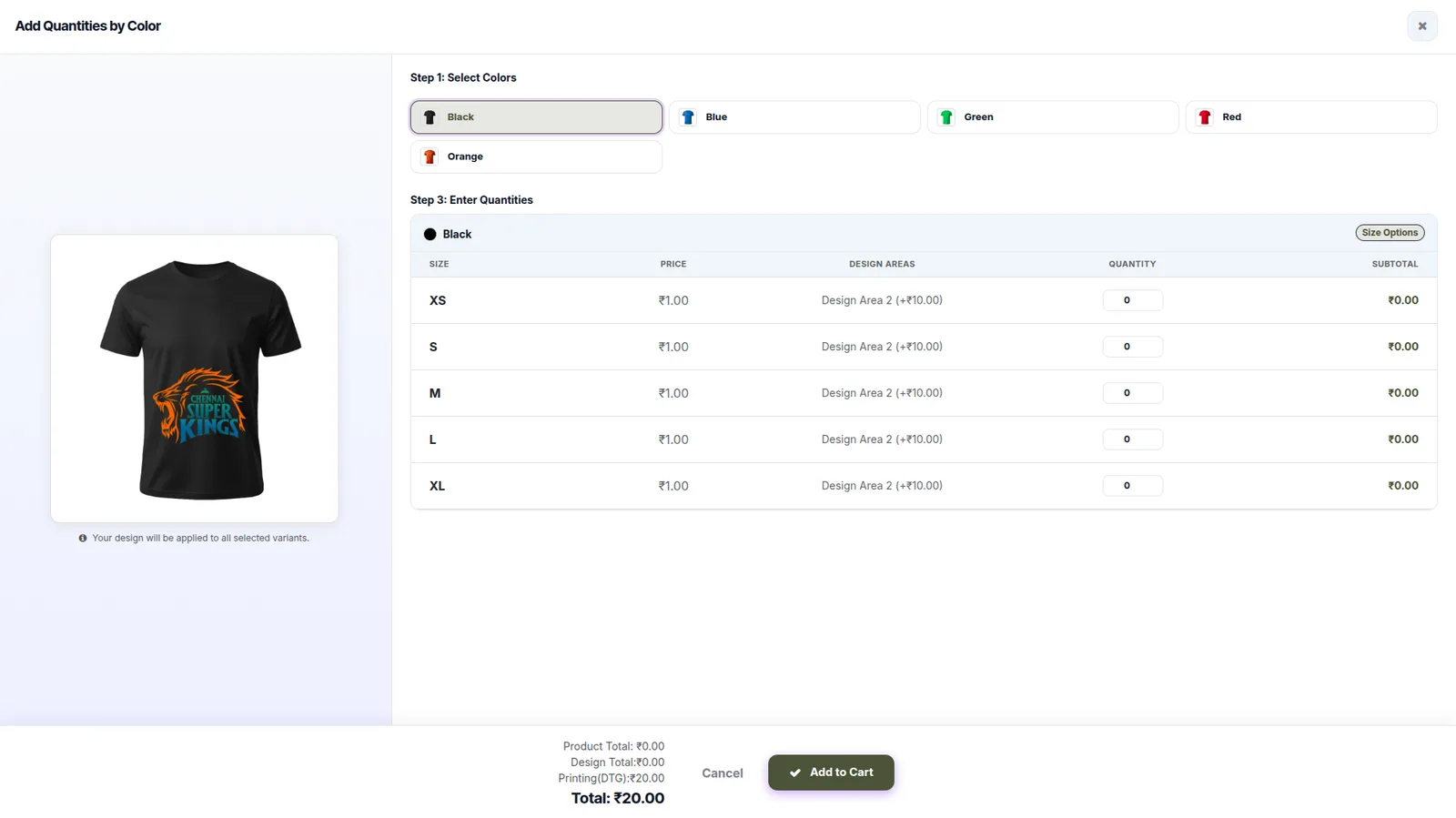 Quantity matrix modal: select colors (Black, Blue, Green, Red, Orange) then enter quantities per size (XS, S, M, L, XL) with the totals computing live at the bottom.