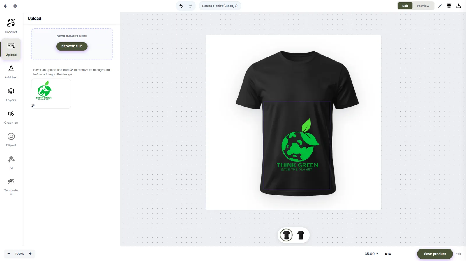 PrintIntegrator designer: customer uploads a "Think Green" logo and it appears centered on the t-shirt preview.