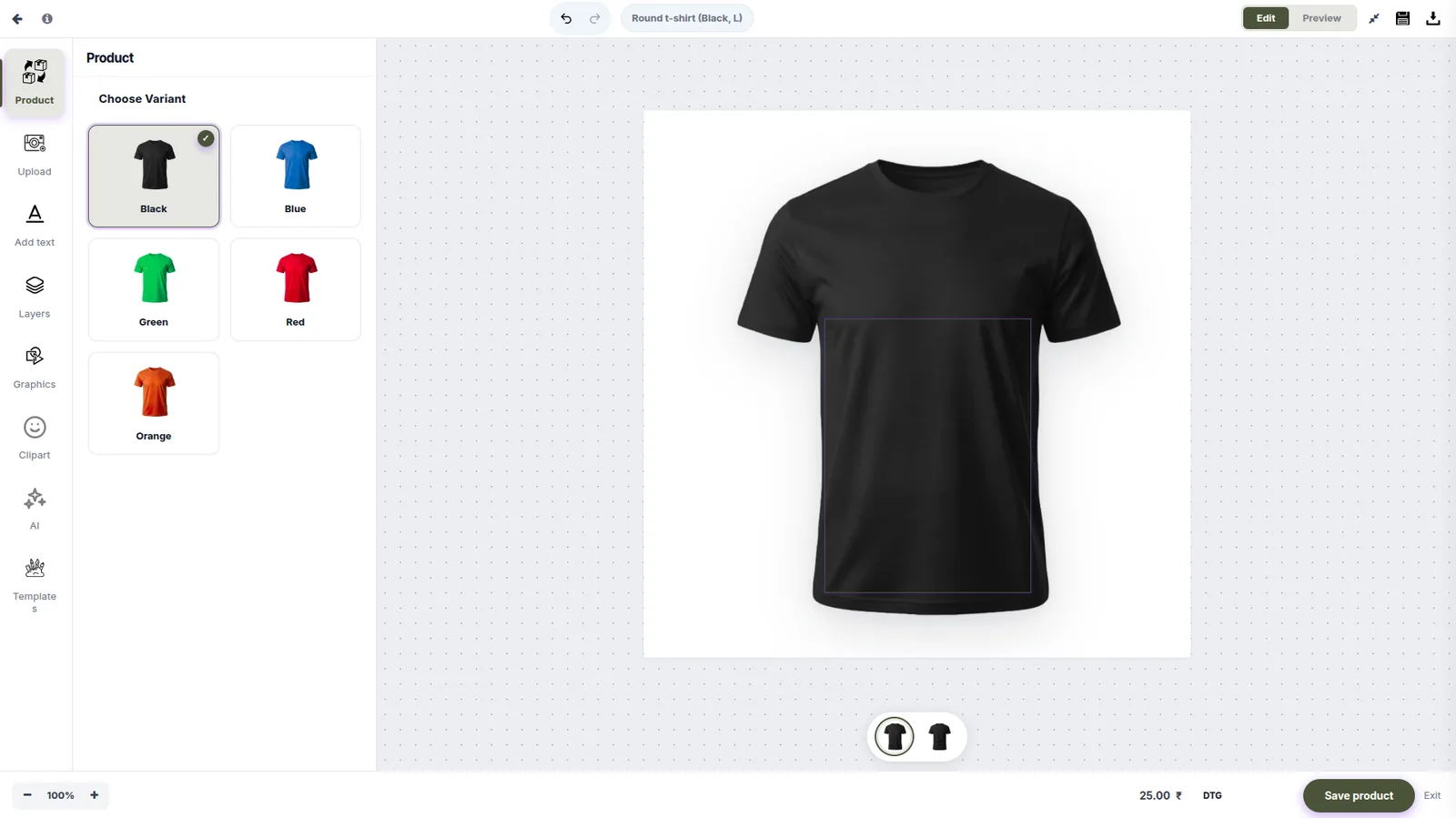 Variant picker in the designer: t-shirt swatches in black, blue, green, red, and orange