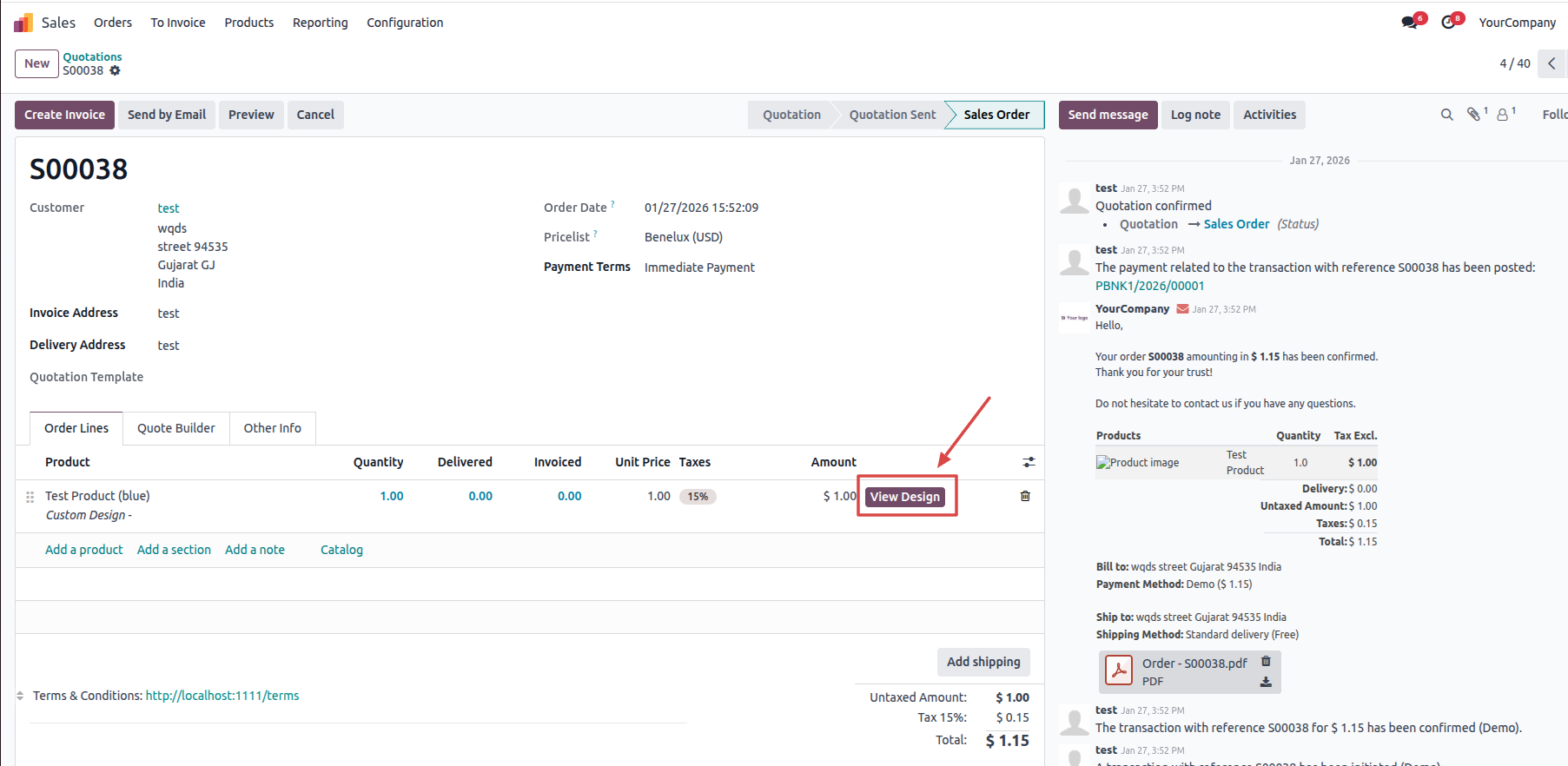 Admin: sales order detail screen with the "View Design" link highlighted on a personalized line item