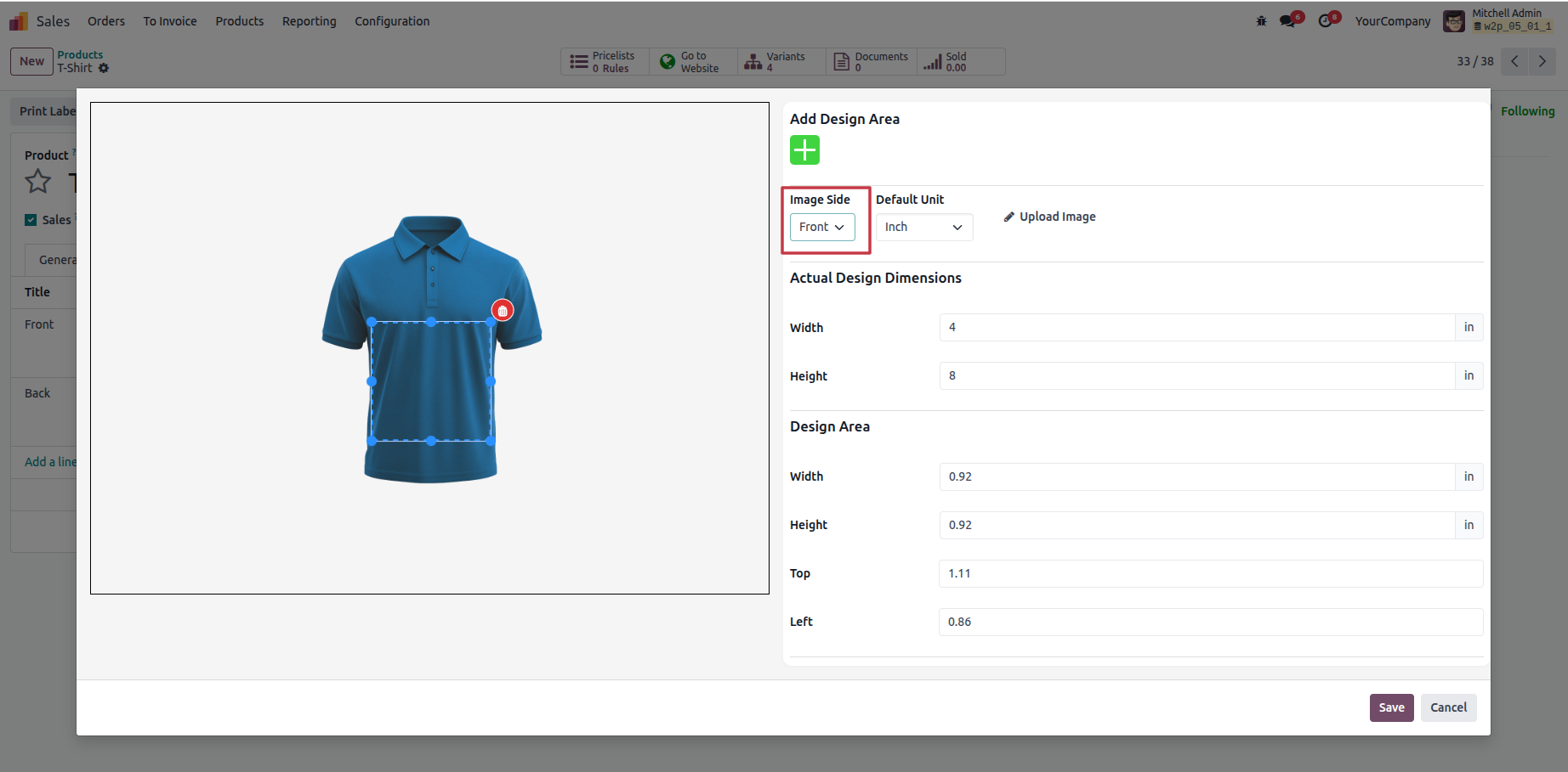 Design area configurator: blue polo with print zone overlay and dimension fields