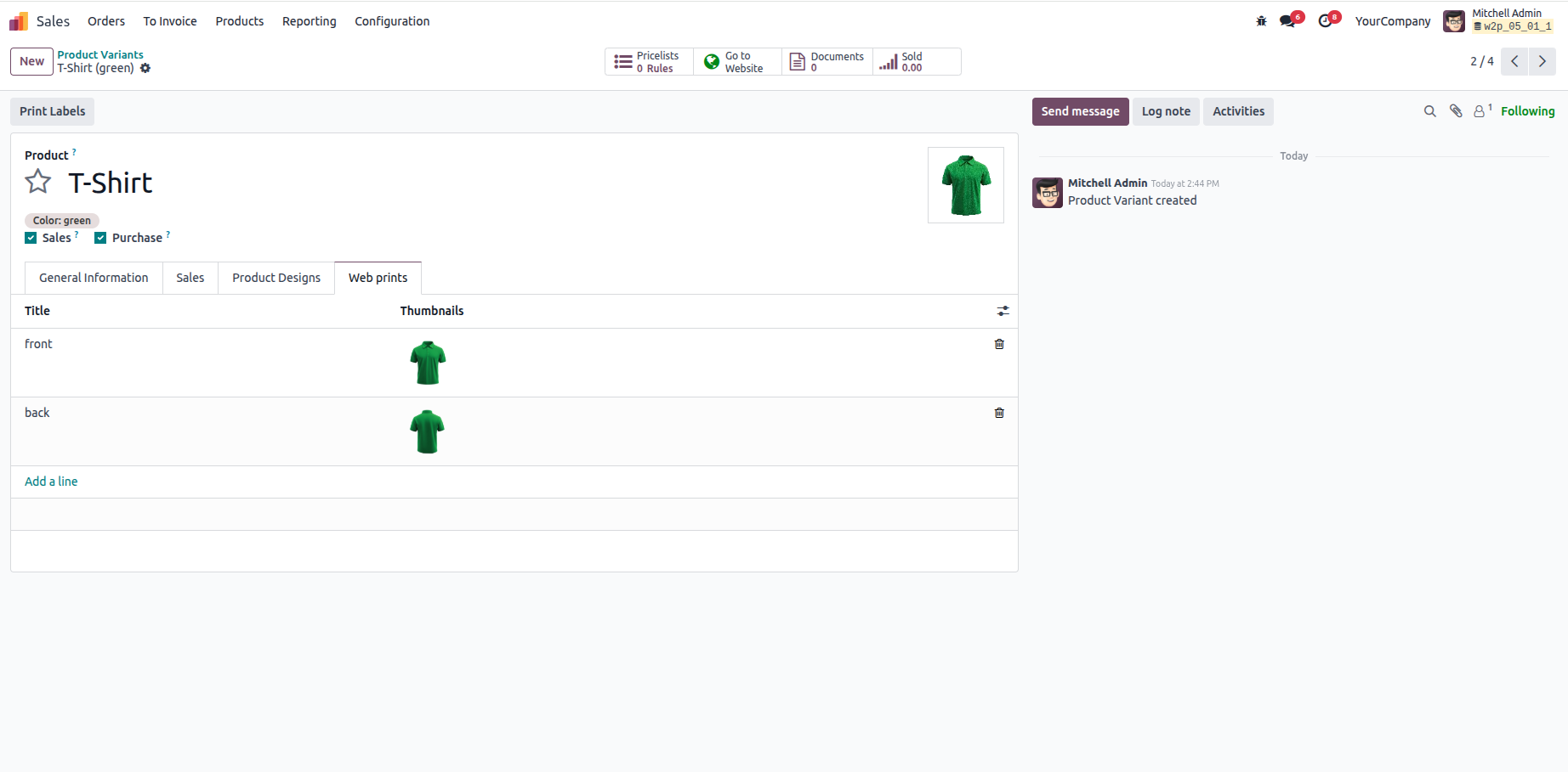 Admin: variant attributes for the personalizable t-shirt — color, size, options