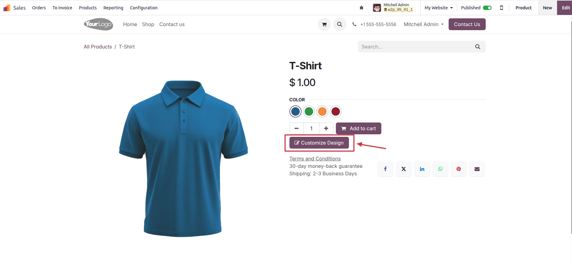 Storefront product page: T-Shirt with color picker and Customize Design call-to-action highlighted