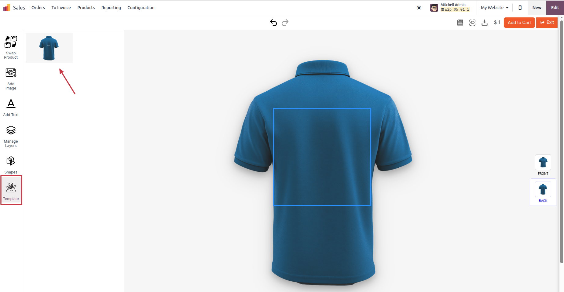Designer mid-edit: text "Test" placed on polo shirt with layer management visible