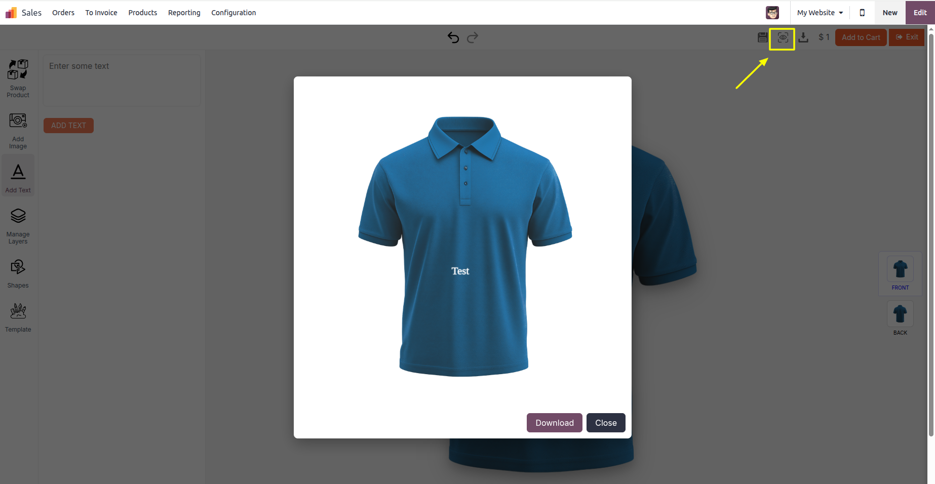 Designer: final review modal showing the wrapped polo with downloadable proof